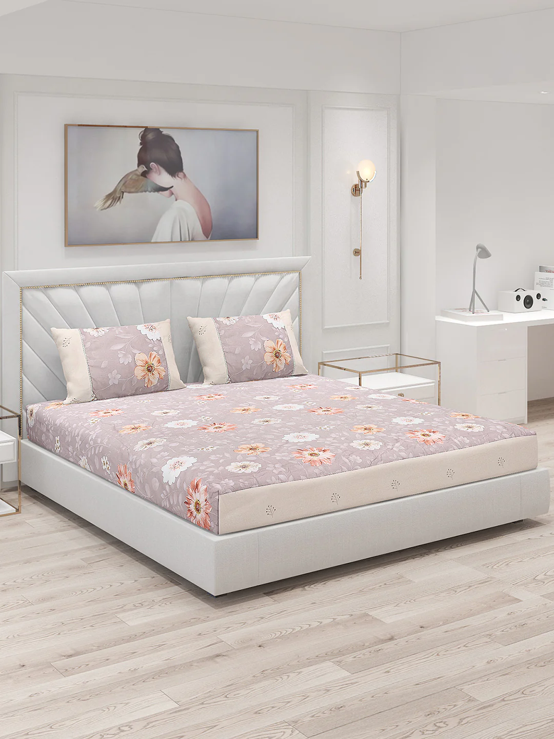 130 GSM Polyester Double Bed Bedsheet with 2 Pillow Covers