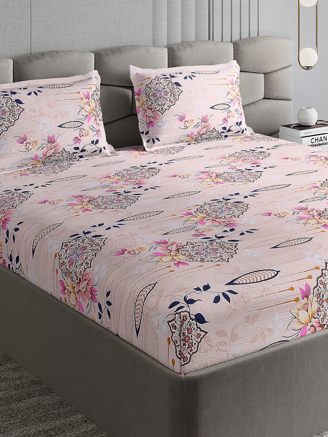 254 GSM Micro King Fitted Bed 1 Fitted Bedsheet with 2 Pillow Cover (Clare FT)