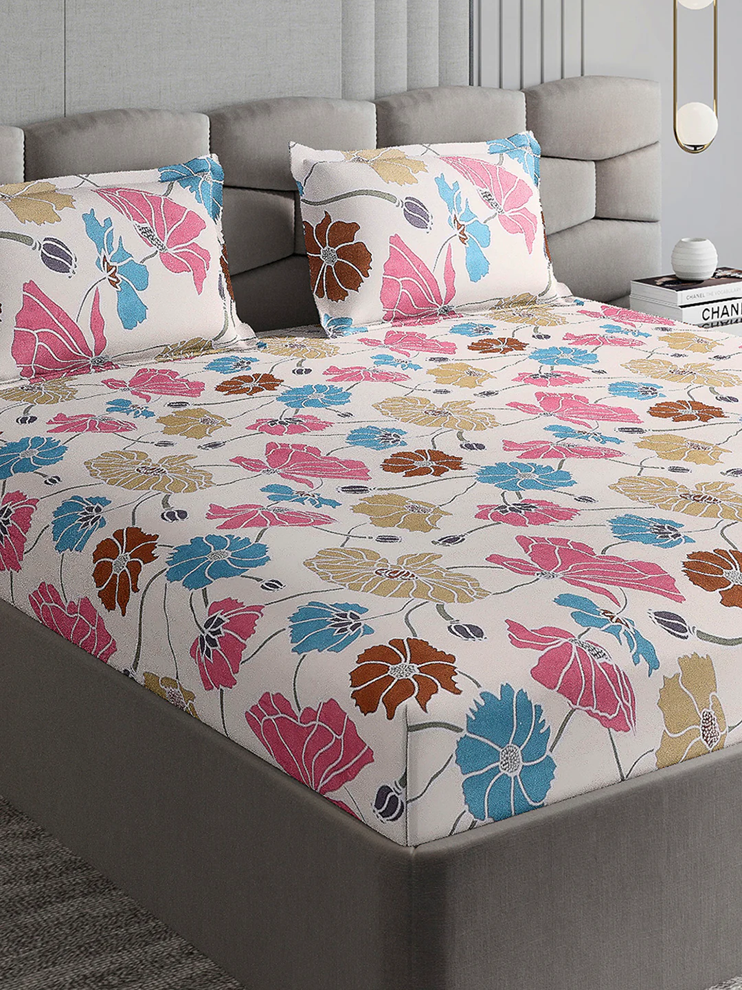 254 GSM Micro King Fitted Bed 1 Fitted Bedsheet with 2 Pillow Cover (Clare FT)