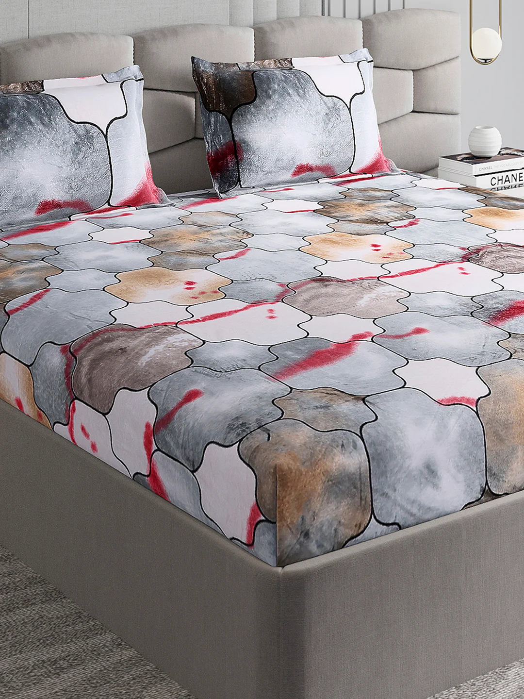 374 GSM 100% Polyester Double Bed 1 Bedsheet with 2 Pillow Cover (Impression)