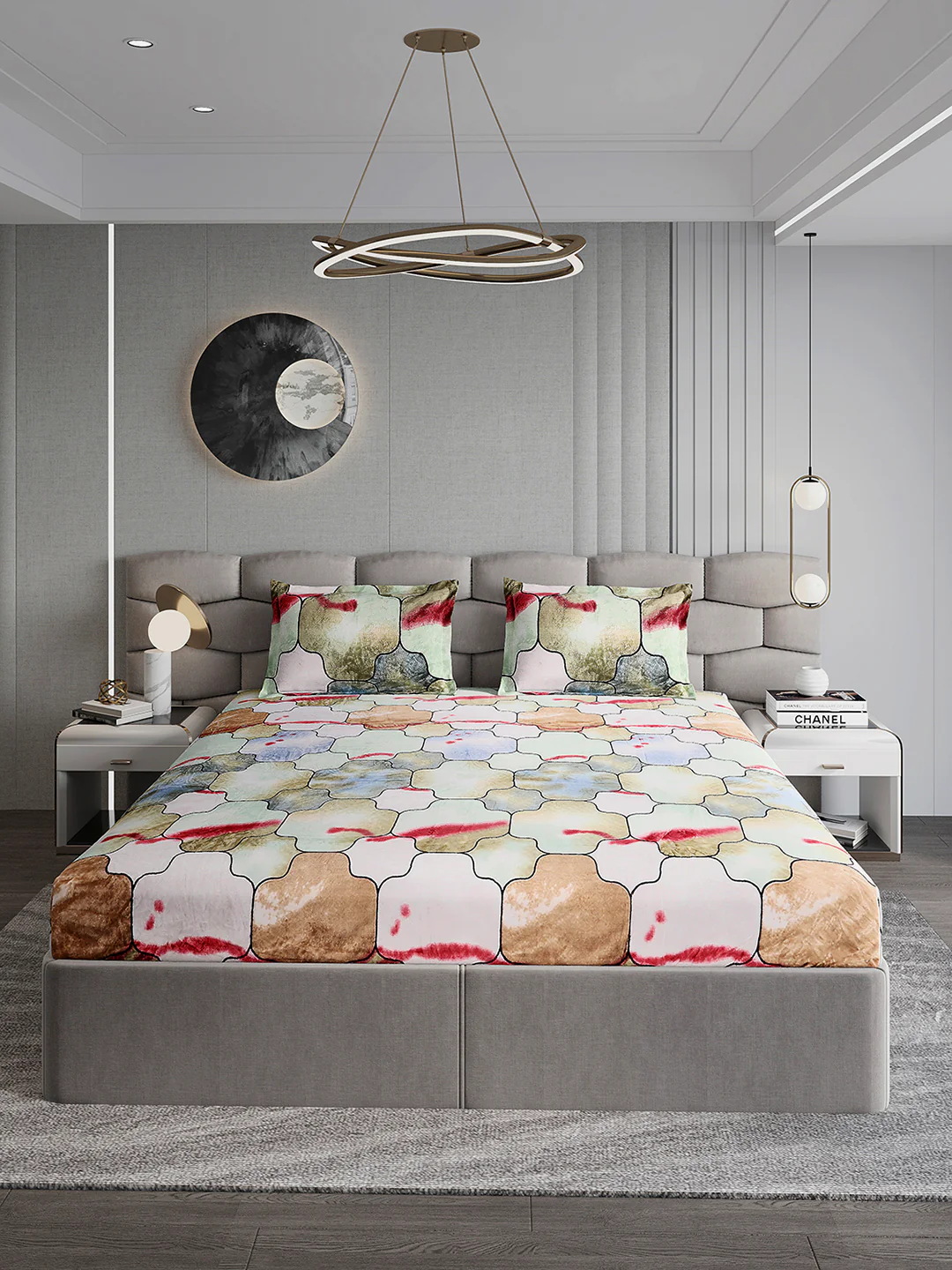 374 GSM 100% Polyester Double Bed 1 Bedsheet with 2 Pillow Cover (Impression) - Image 2