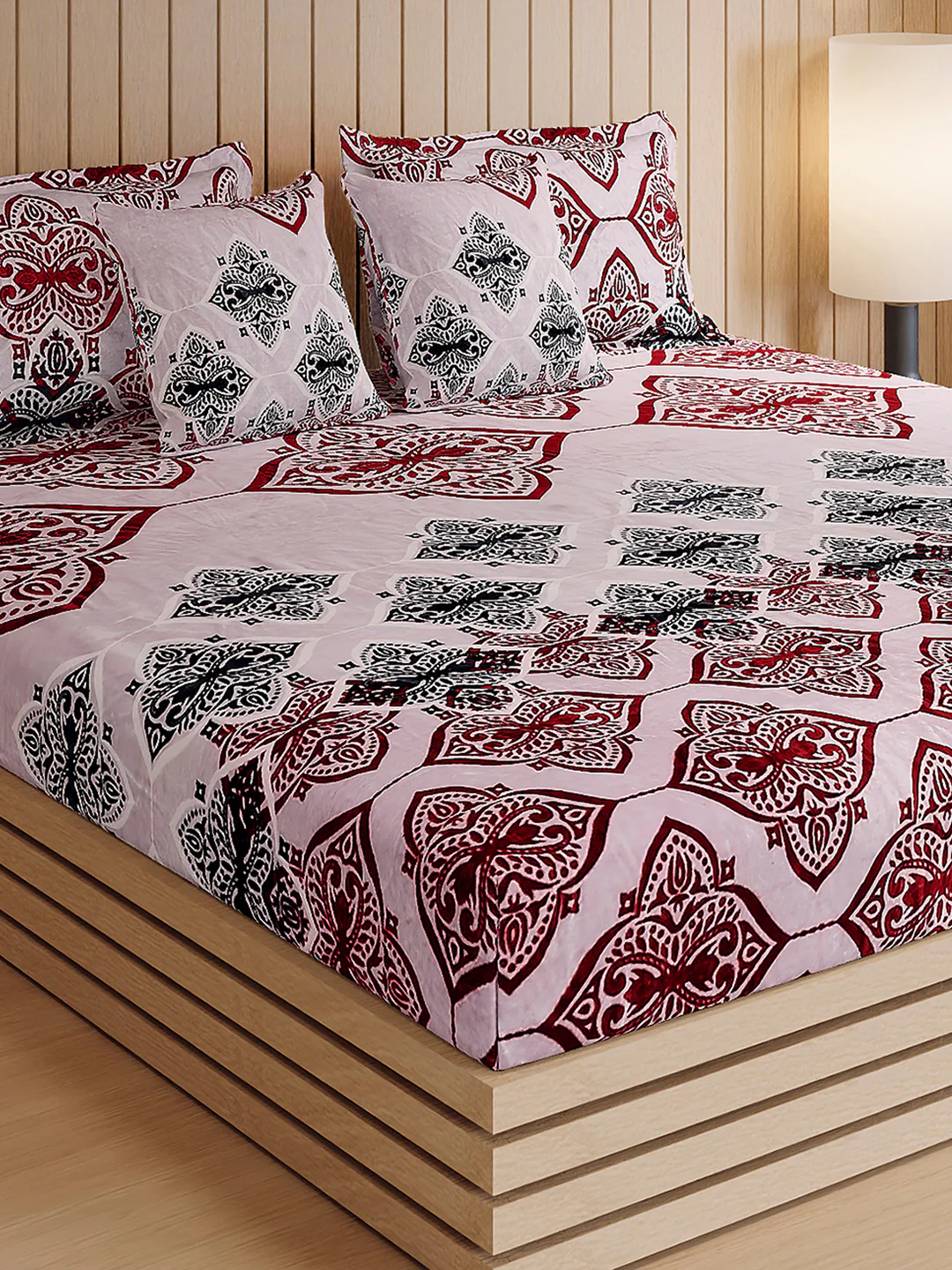 487 GSM 100% Polyester Double Bed 1 Bedsheet, 2 Pillow Cover & 2 Cushion Case (Pristine 4 Pcs Set)
