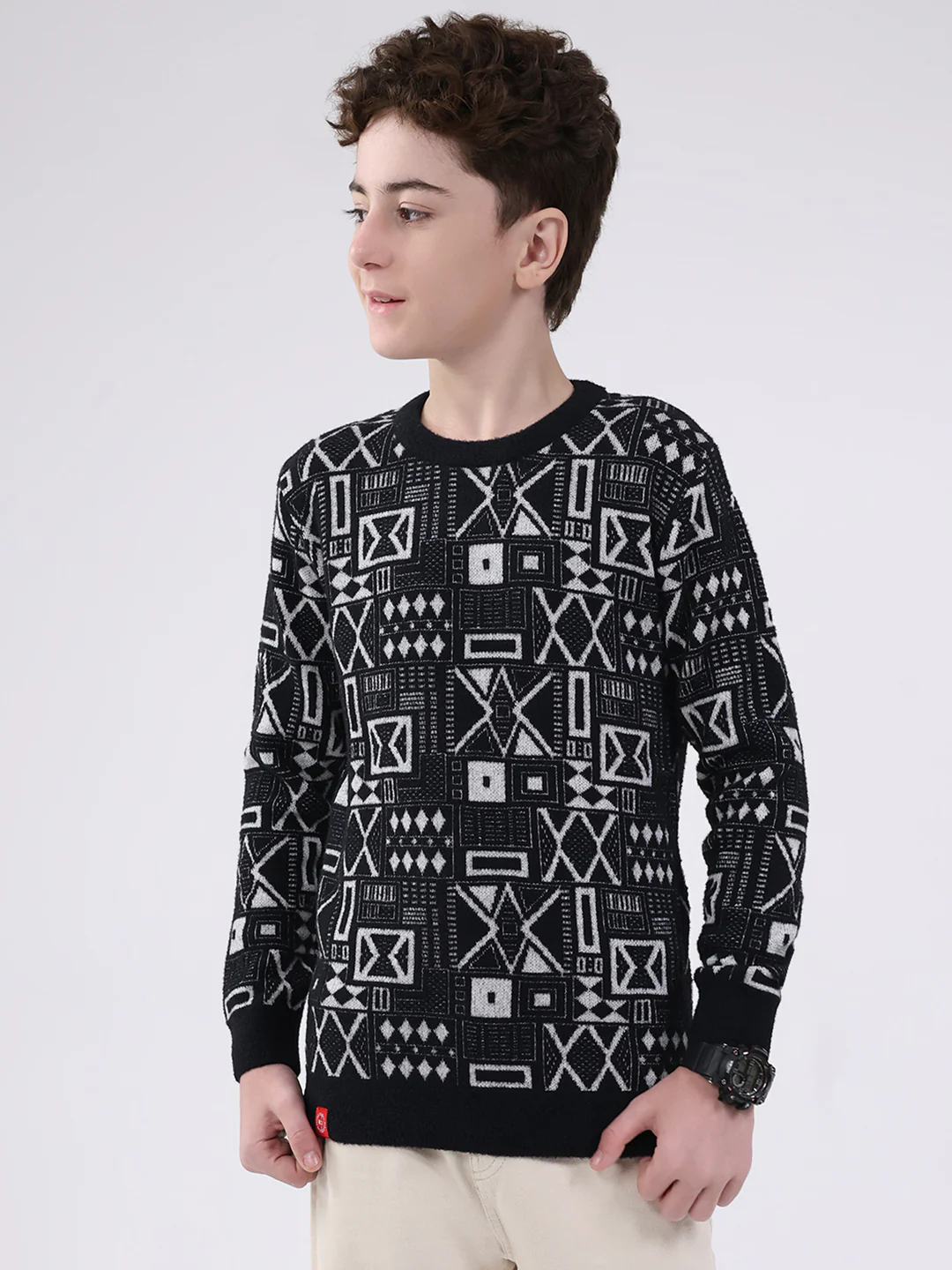 Boys Black Printed Round Neck Full Sleeve Pullover