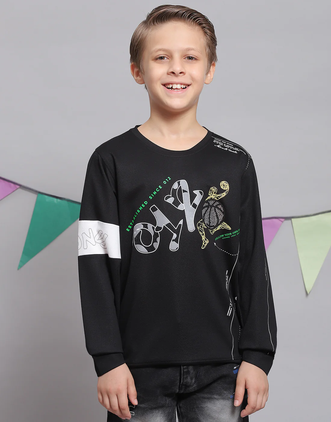 Boys Black Printed Round Neck Full Sleeve T-Shirts - Image 2
