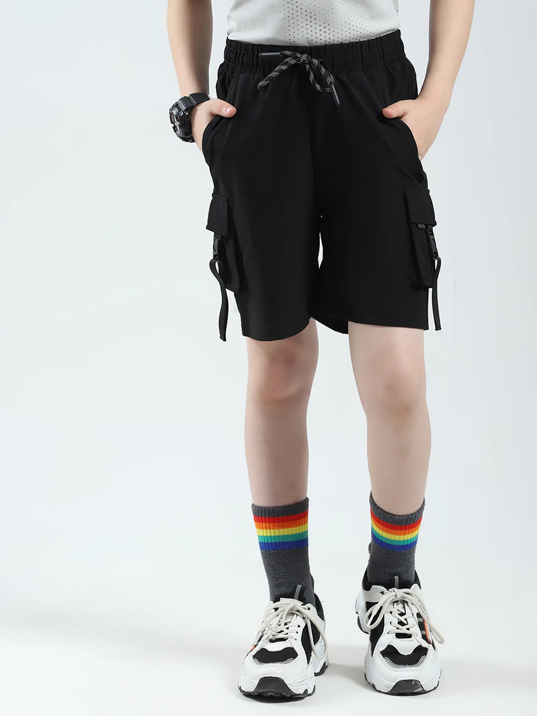 Boys Black Solid Regular Fit Bermuda