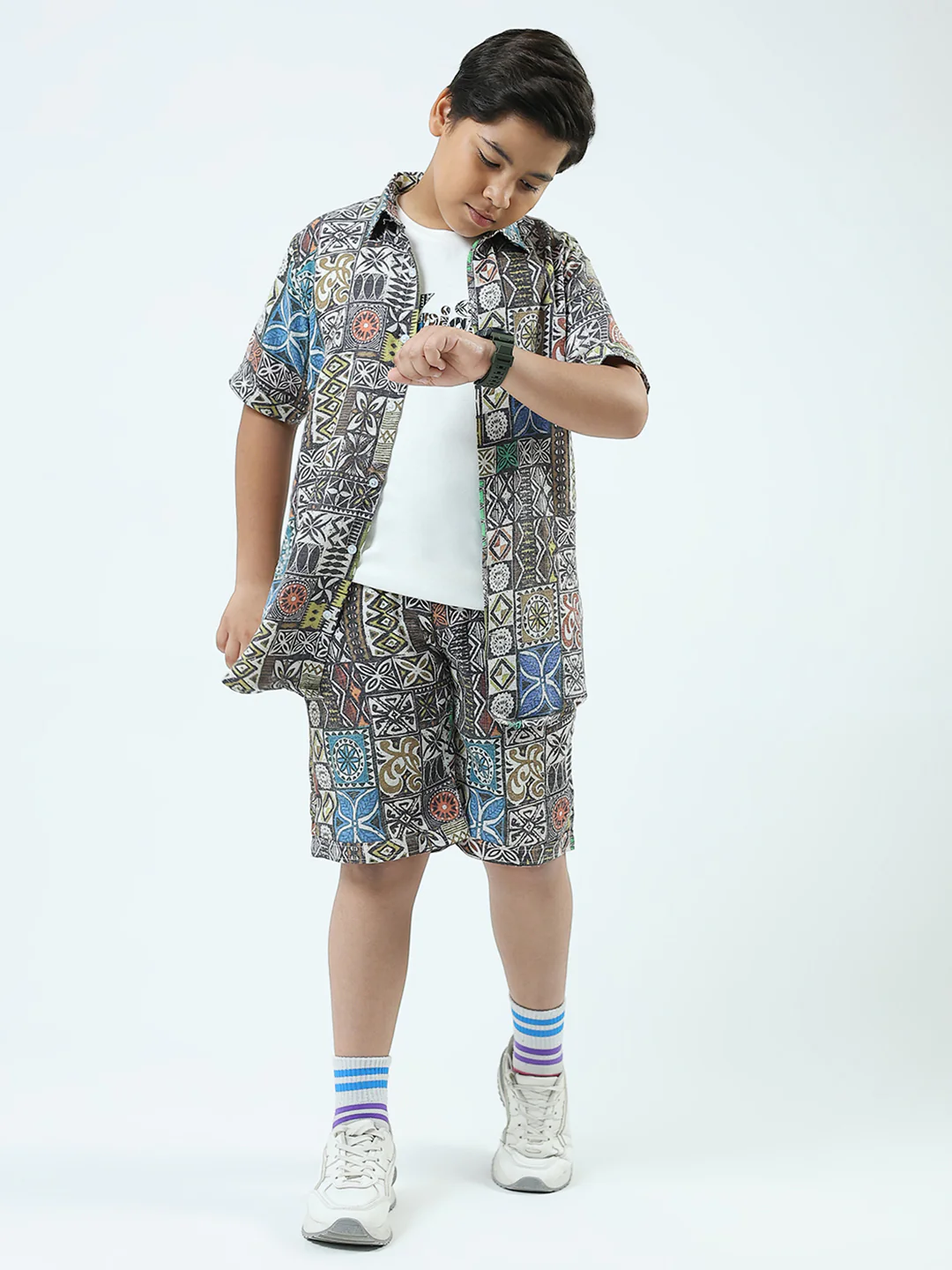 Boys Blue Printed Collar Half Sleeve 3 Pcs Cords Set