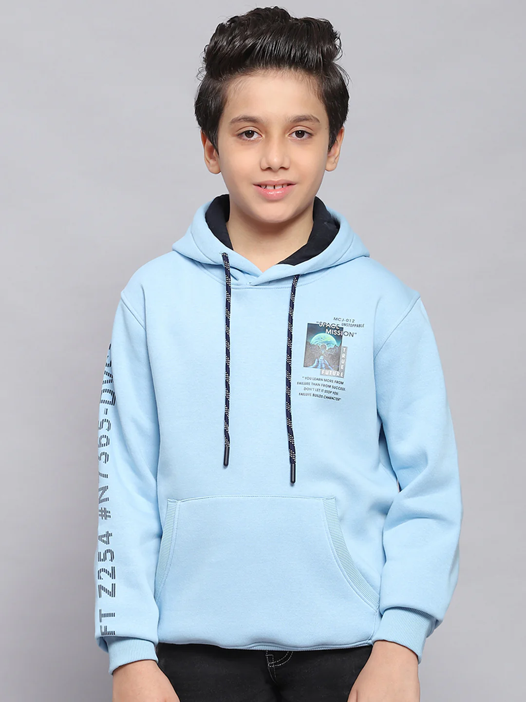 Boys Blue Printed Hooded Full Sleeve Sweatshirt