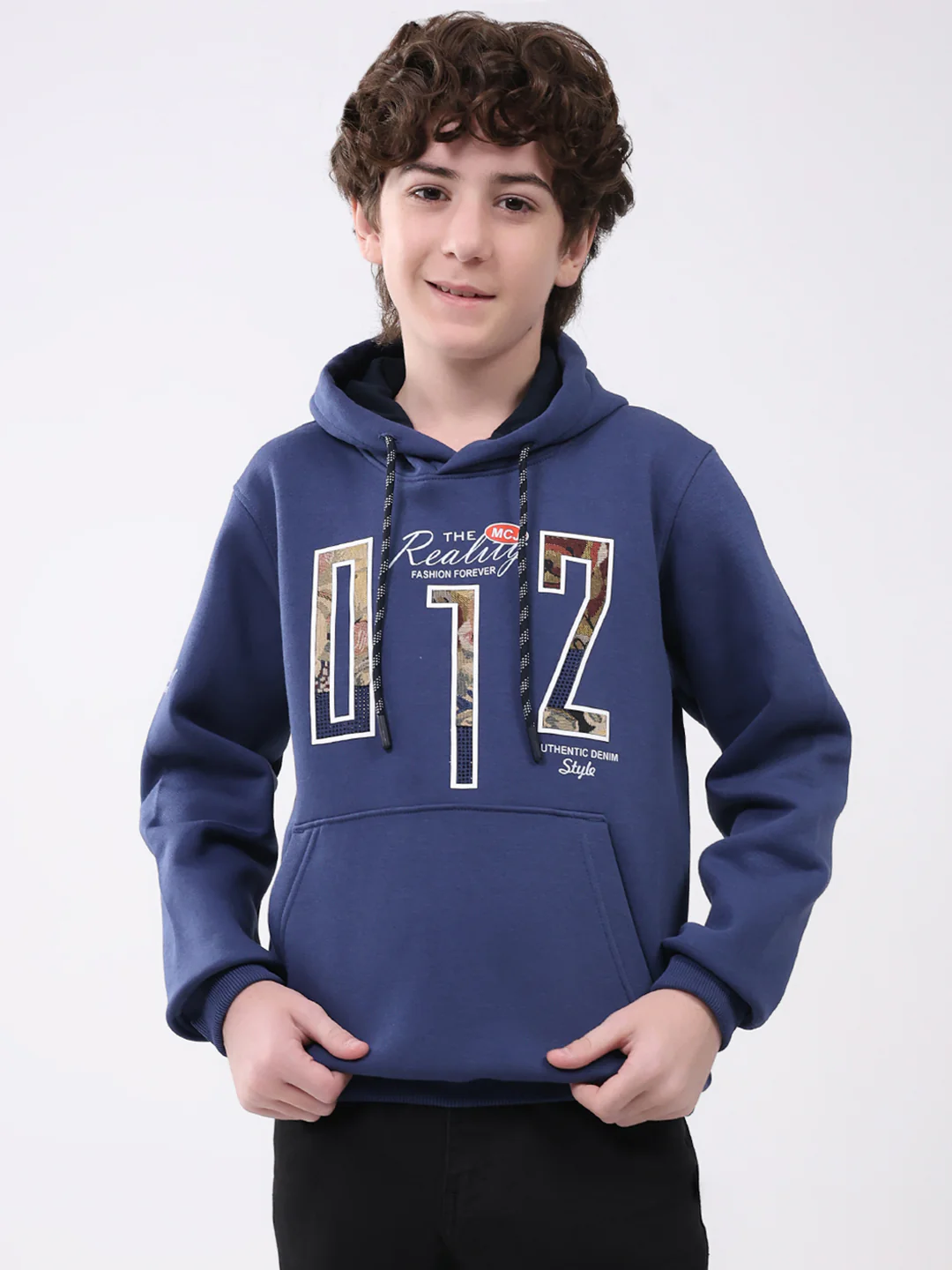 Boys Blue Printed Hooded Full Sleeve Sweatshirt