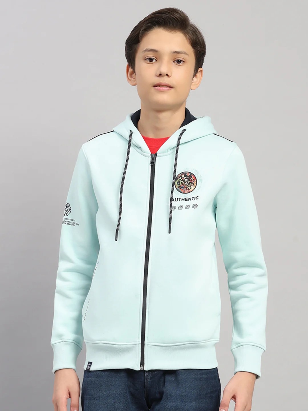 Boys Blue Printed Hooded Full Sleeve Sweatshirt