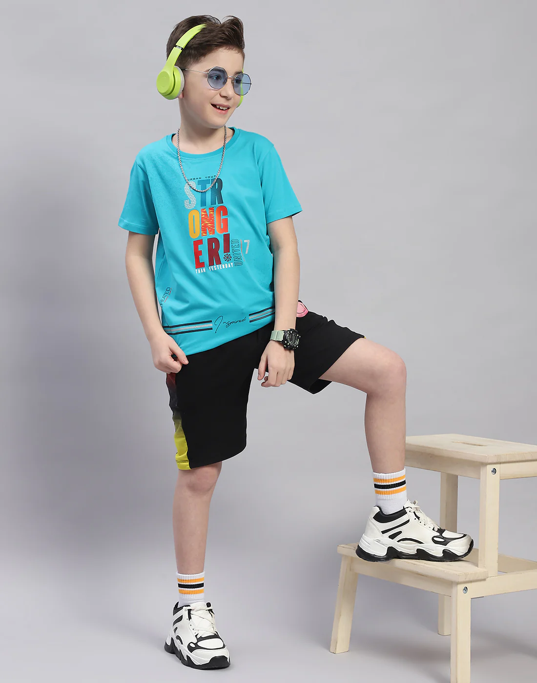 Boys Blue Printed Round Neck Half Sleeve T-Shirt