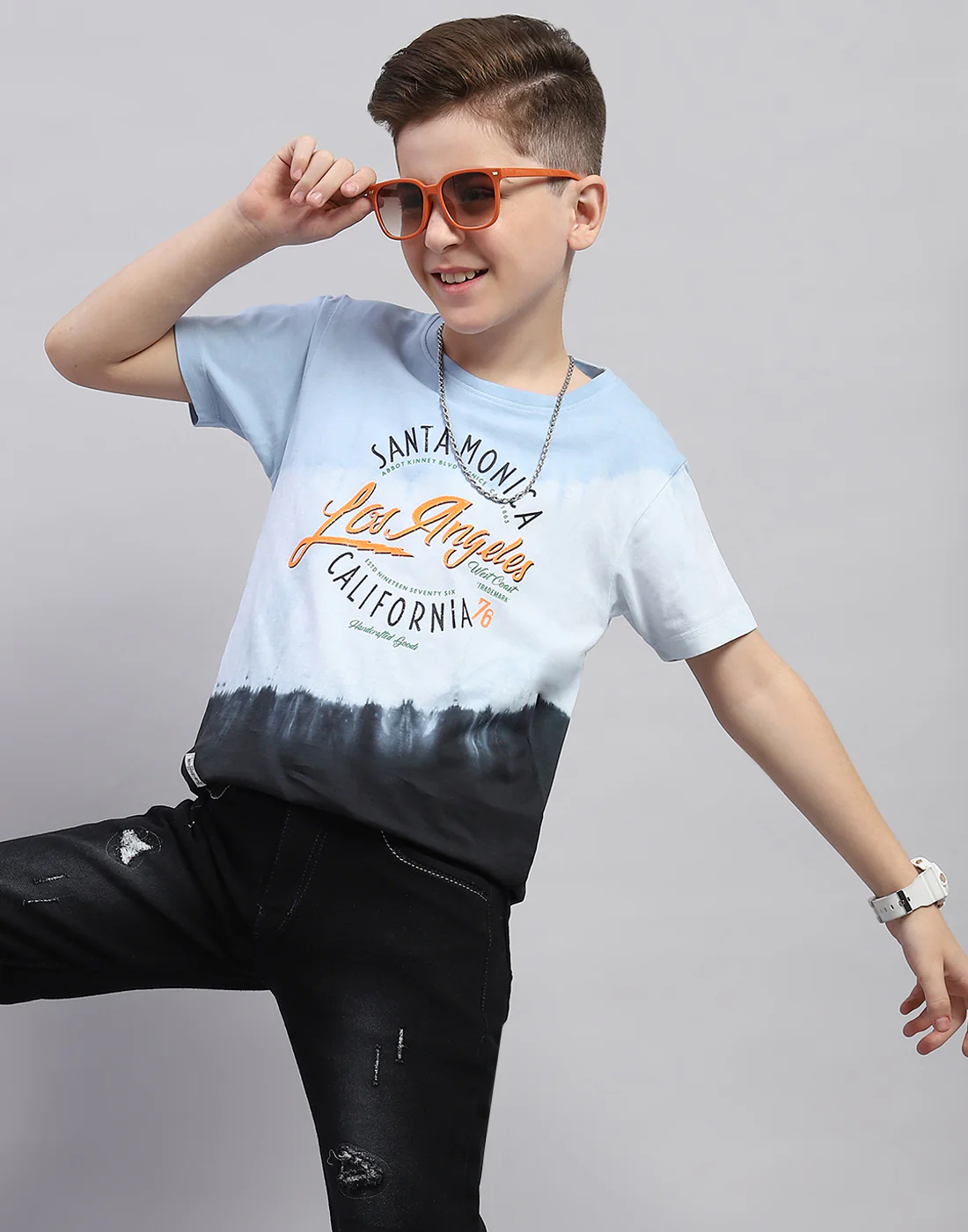 Boys Blue Printed Round Neck Half Sleeve T-Shirt