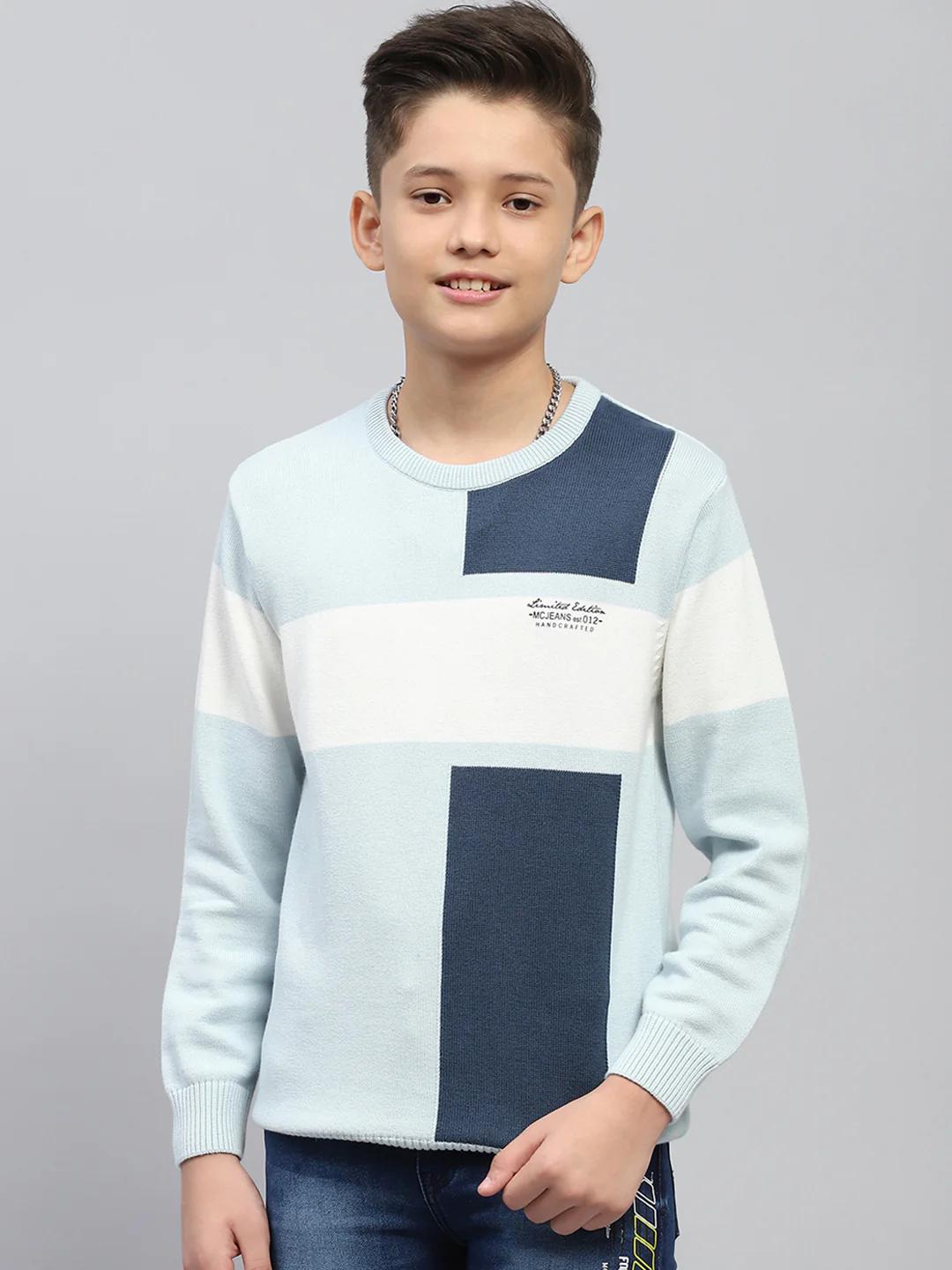Boys Blue Self Design Round Neck Full Sleeve Pullover
