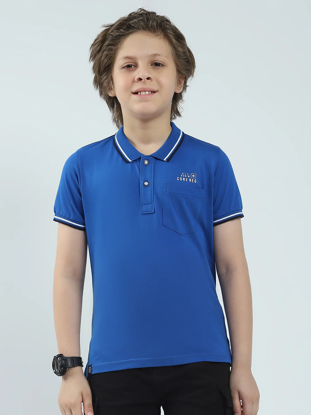 Boys Blue Solid Collar Half Sleeve T-Shirt