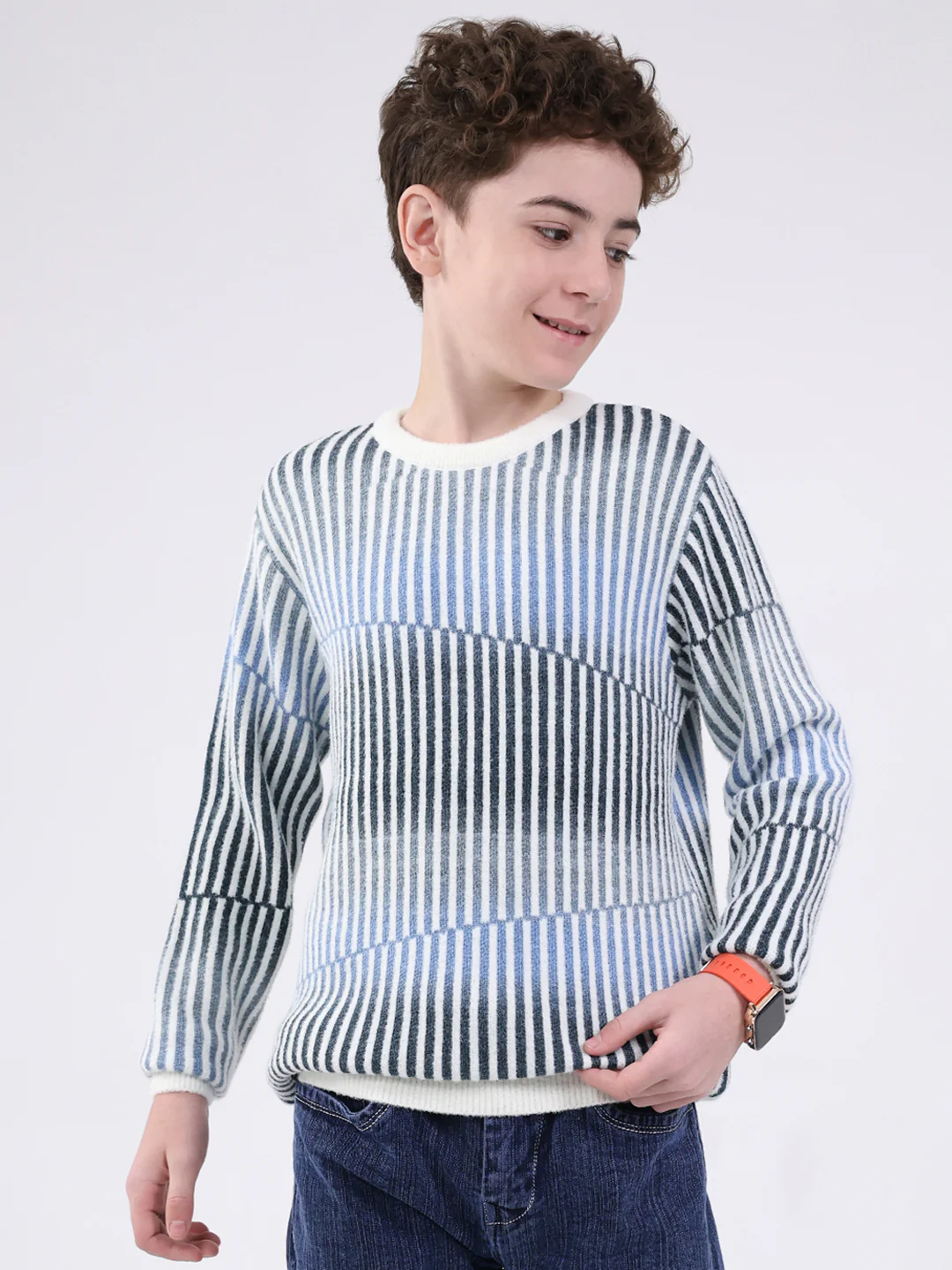 Boys Blue Stripe Round Neck Full Sleeve Pullover