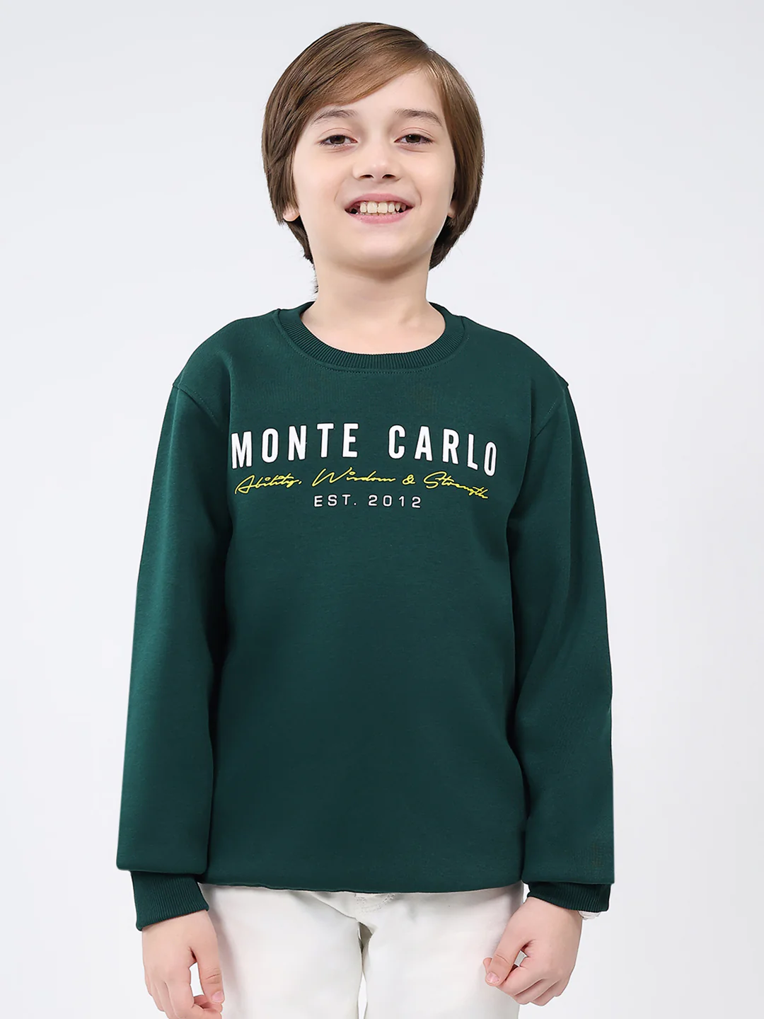 Boys Bottle Green Printed Round Neck Full Sleeve Sweatshirt