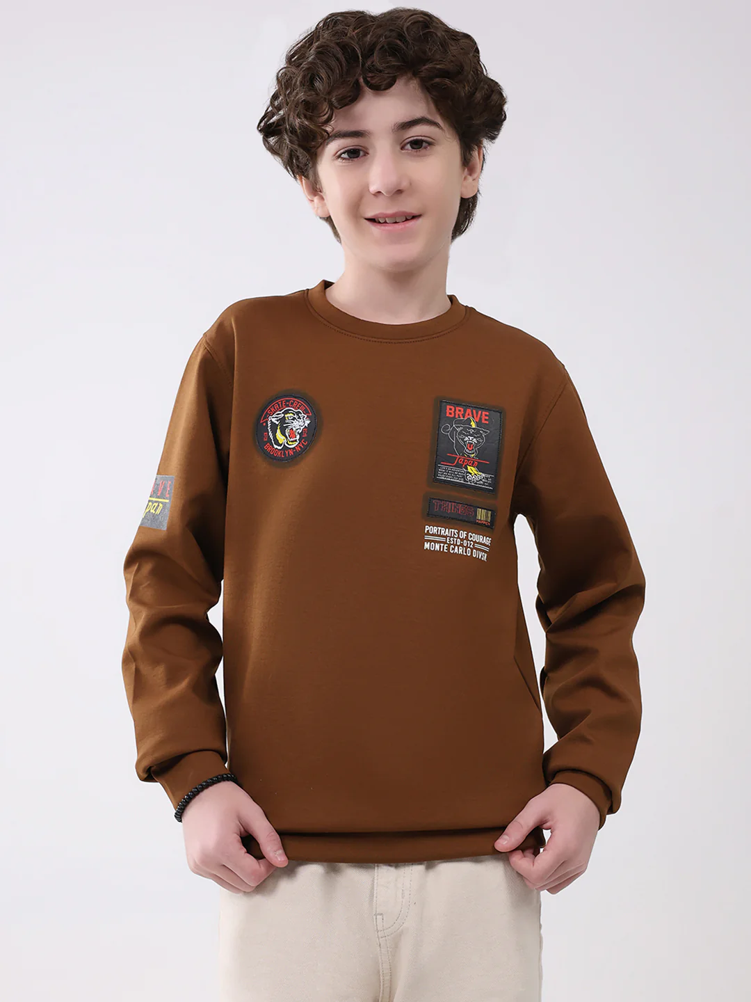 Boys Brown Printed Round Neck Full Sleeve Sweatshirt