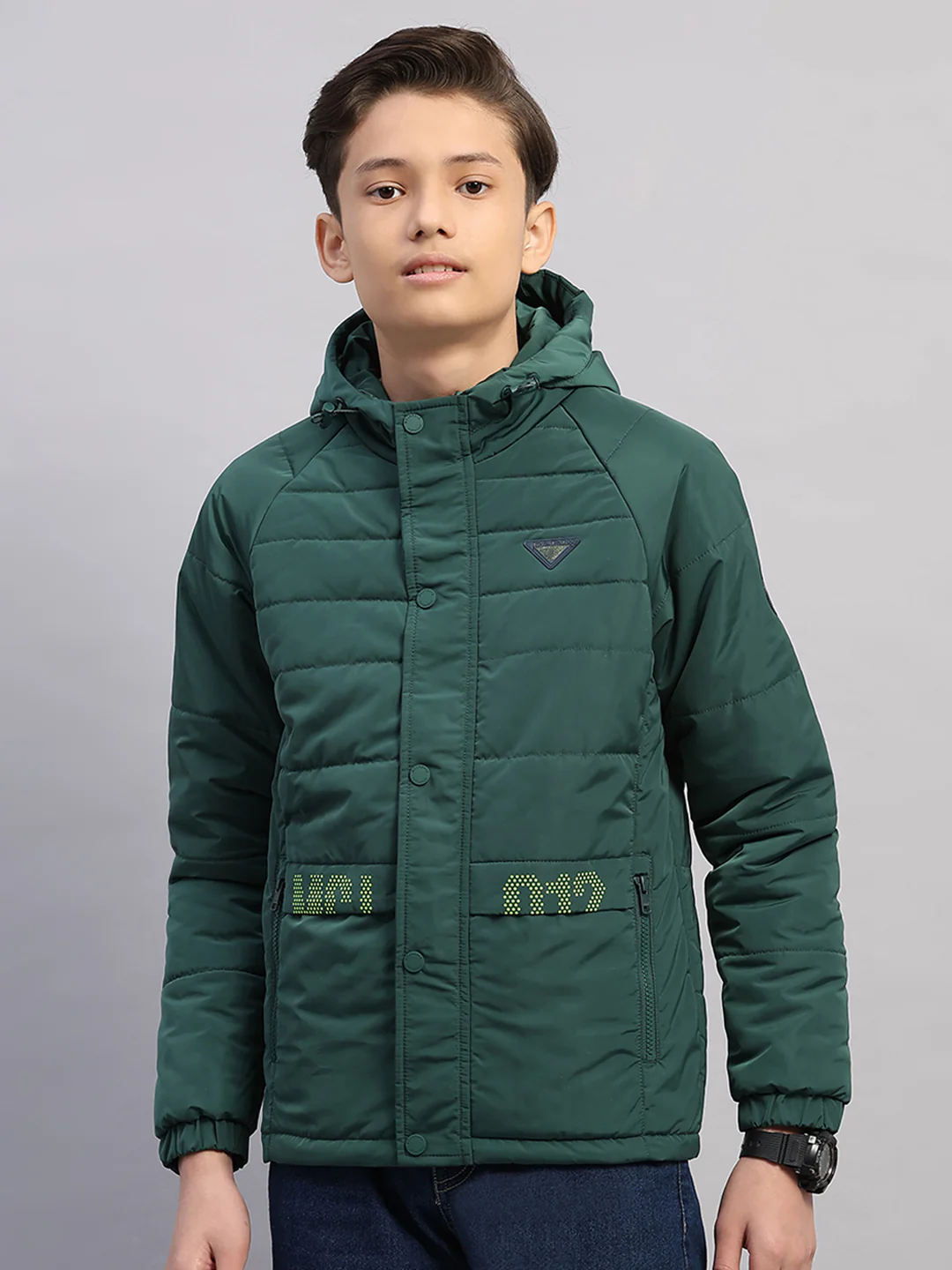 Boys Green Printed Hooded Full Sleeve Jacket