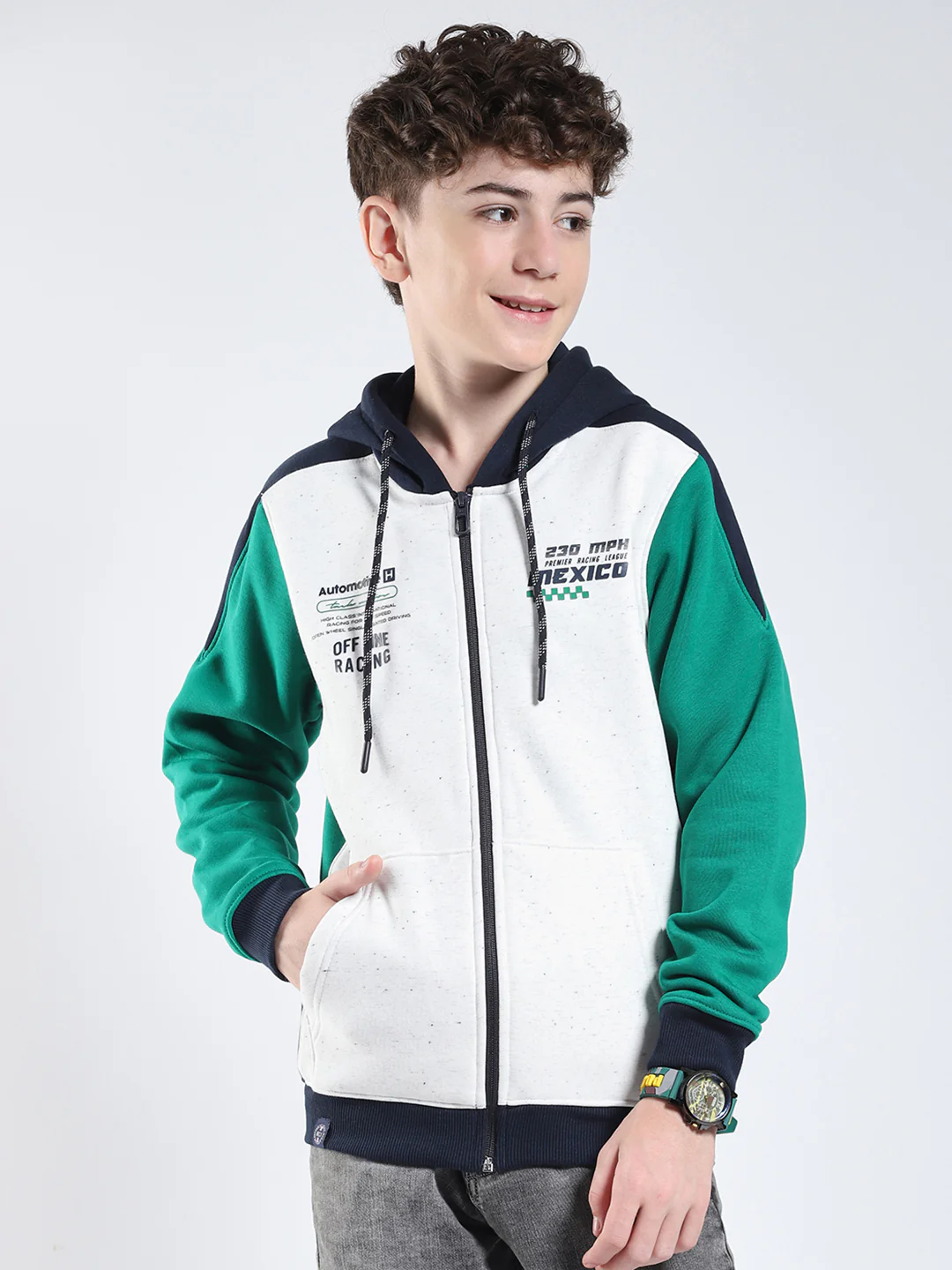 Boys Green Printed Hooded Full Sleeve Sweatshirt