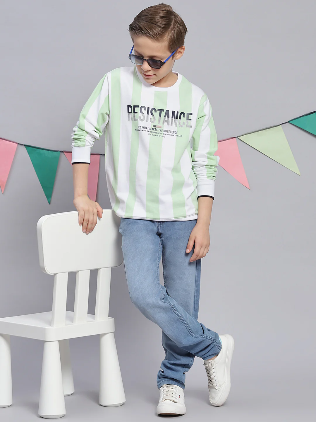 Boys Green Printed Round Neck Full Sleeve Sweatshirt