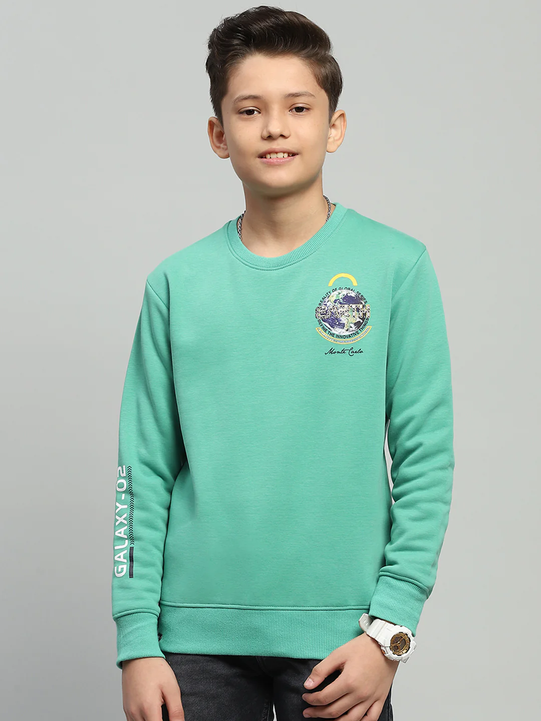 Boys Green Printed Round Neck Full Sleeve Sweatshirt