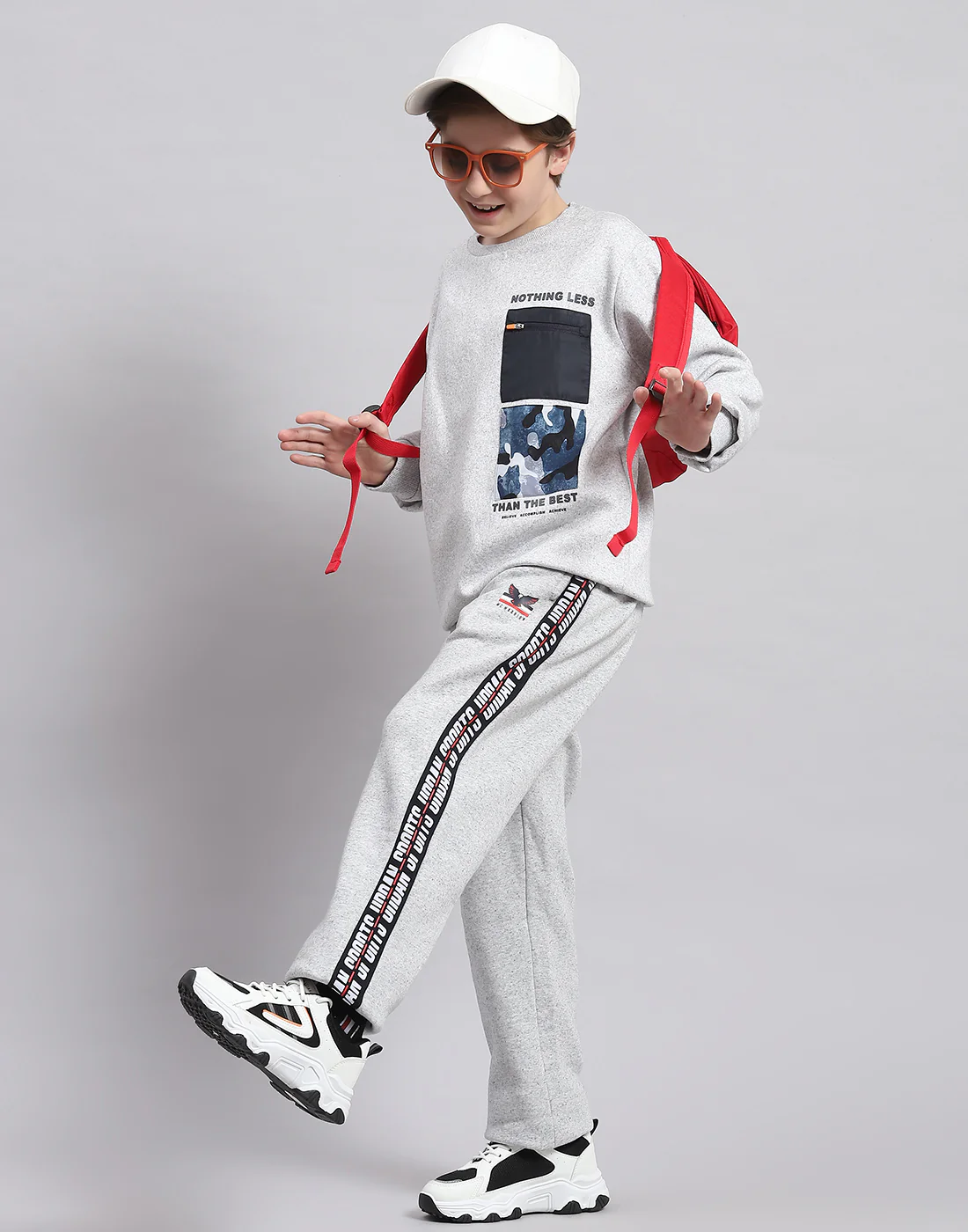 Boys Grey Melange Printed Round Neck Full Sleeve Sweatshirt