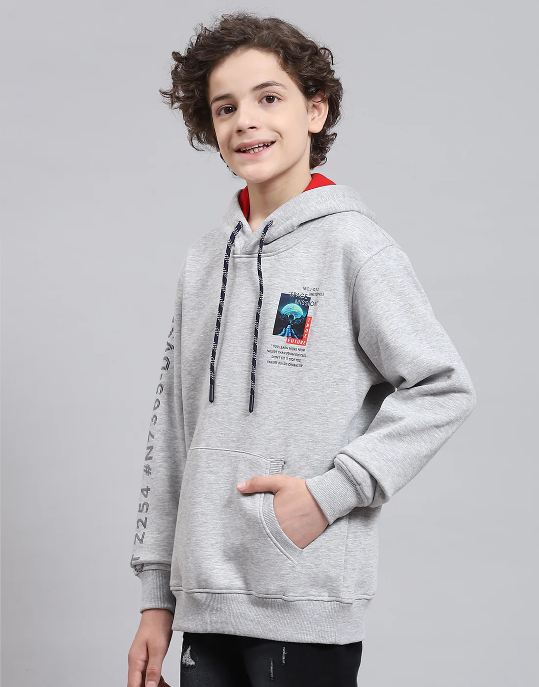 Boys Grey Melange Printed Round Neck Full Sleeve Sweatshirt