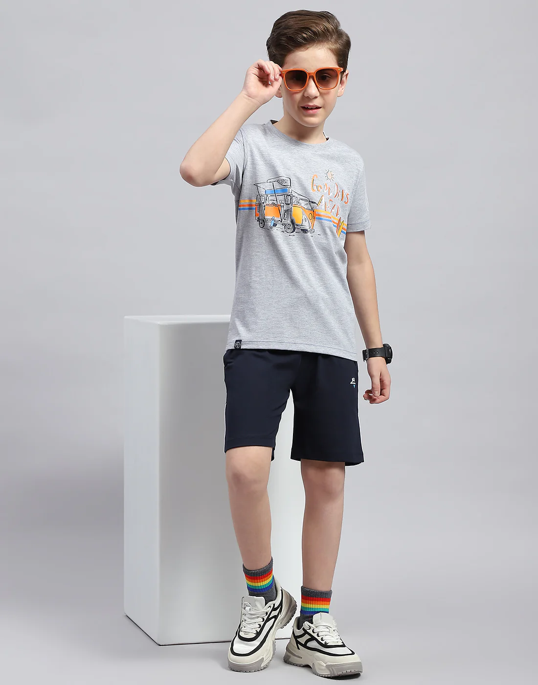 Boys Grey & Navy Blue Printed Round Neck Half Sleeve Bermuda Set