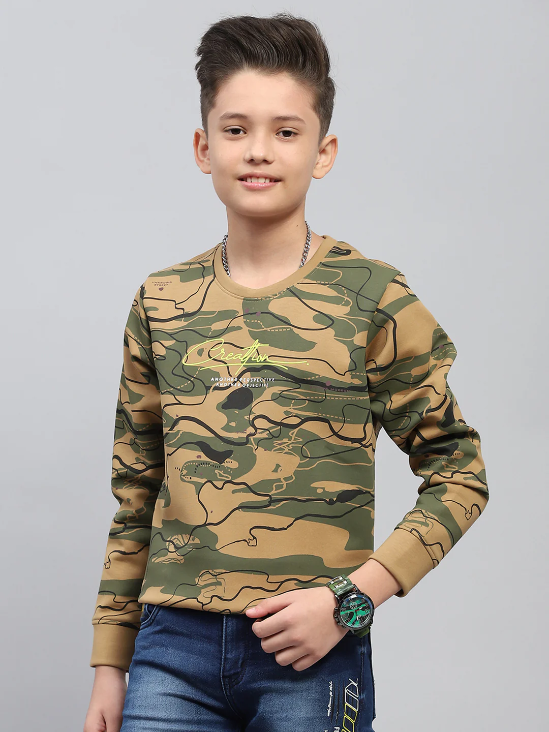 Boys Khaki Printed Round Neck Full Sleeve Sweatshirt