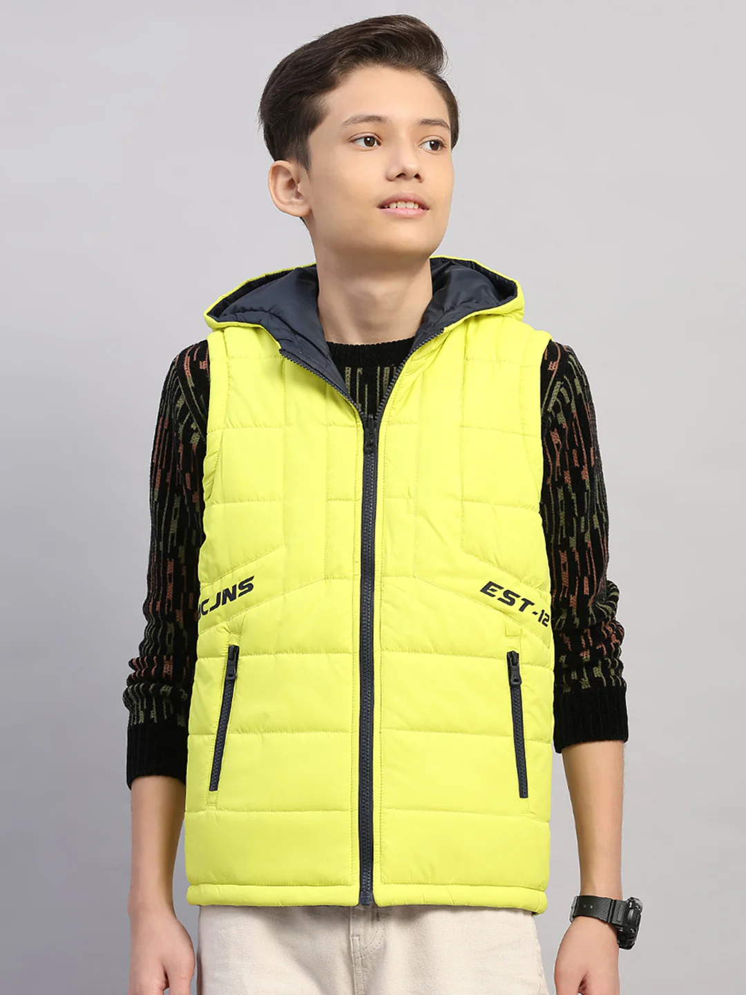 Boys Lime Green Printed Collar Sleeveless Reversible Jacket