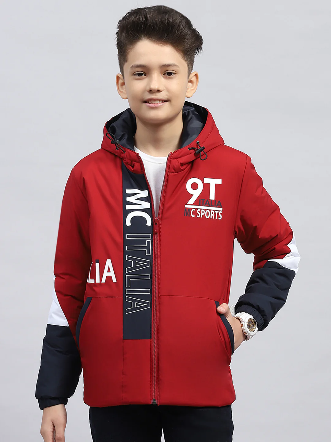 Boys Maroon Printed Hooded Full Sleeve Jacket