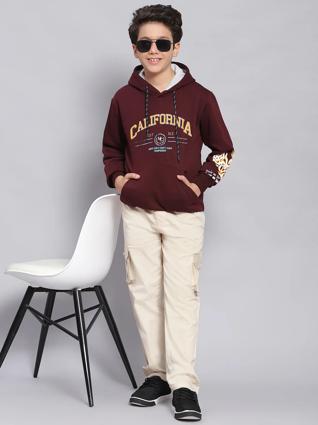 Boys Maroon Printed Hooded Full Sleeve Sweatshirt
