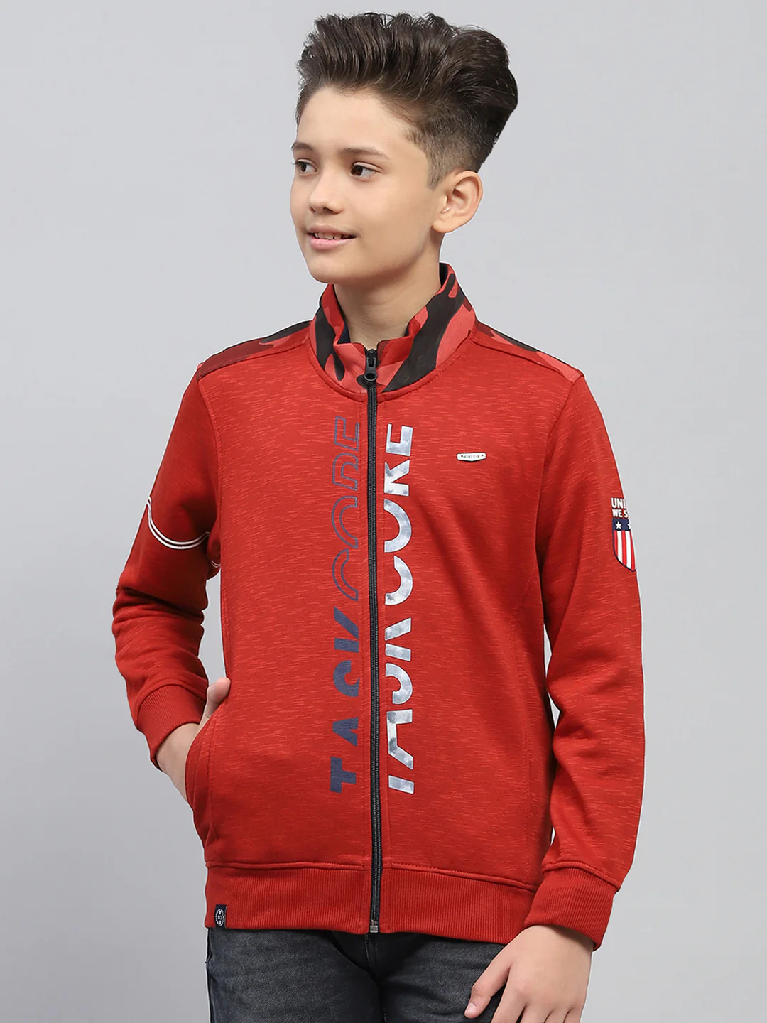 Boys Maroon Printed Mock Neck Full Sleeve Sweatshirt