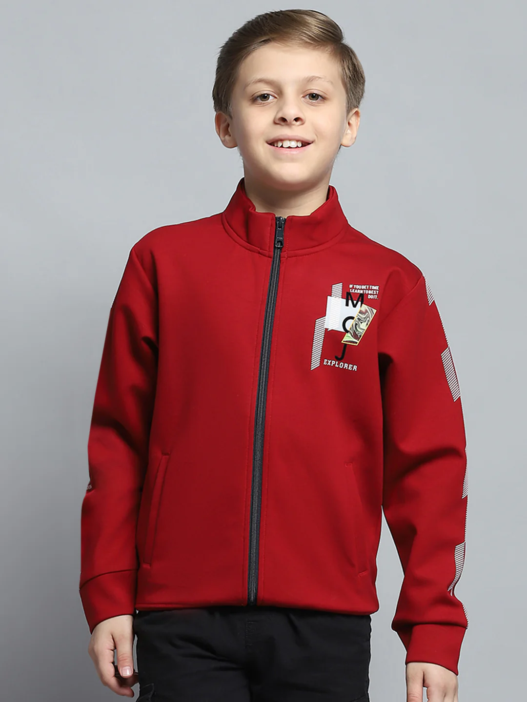 Boys Maroon Printed Mock Neck Full Sleeve Sweatshirt