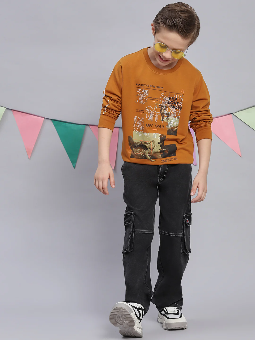 Boys Mustard Printed Round Neck Full Sleeve Sweatshirt