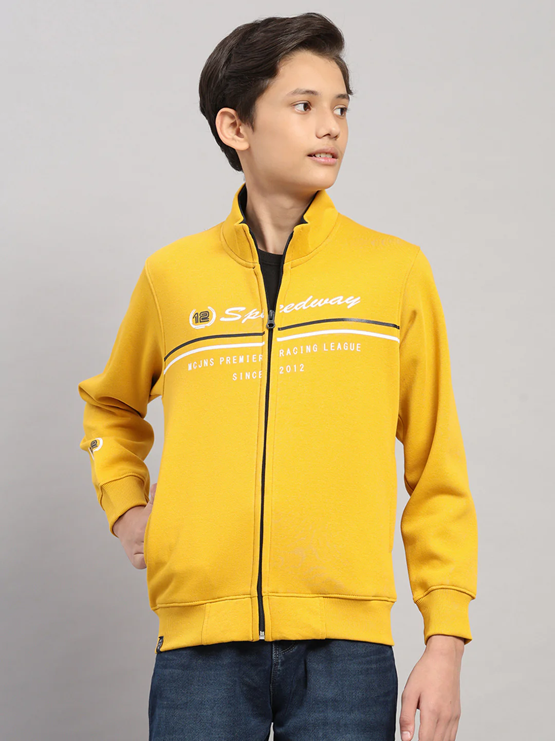 Boys Mustard Printed Turtle Neck Full Sleeve Sweatshirt