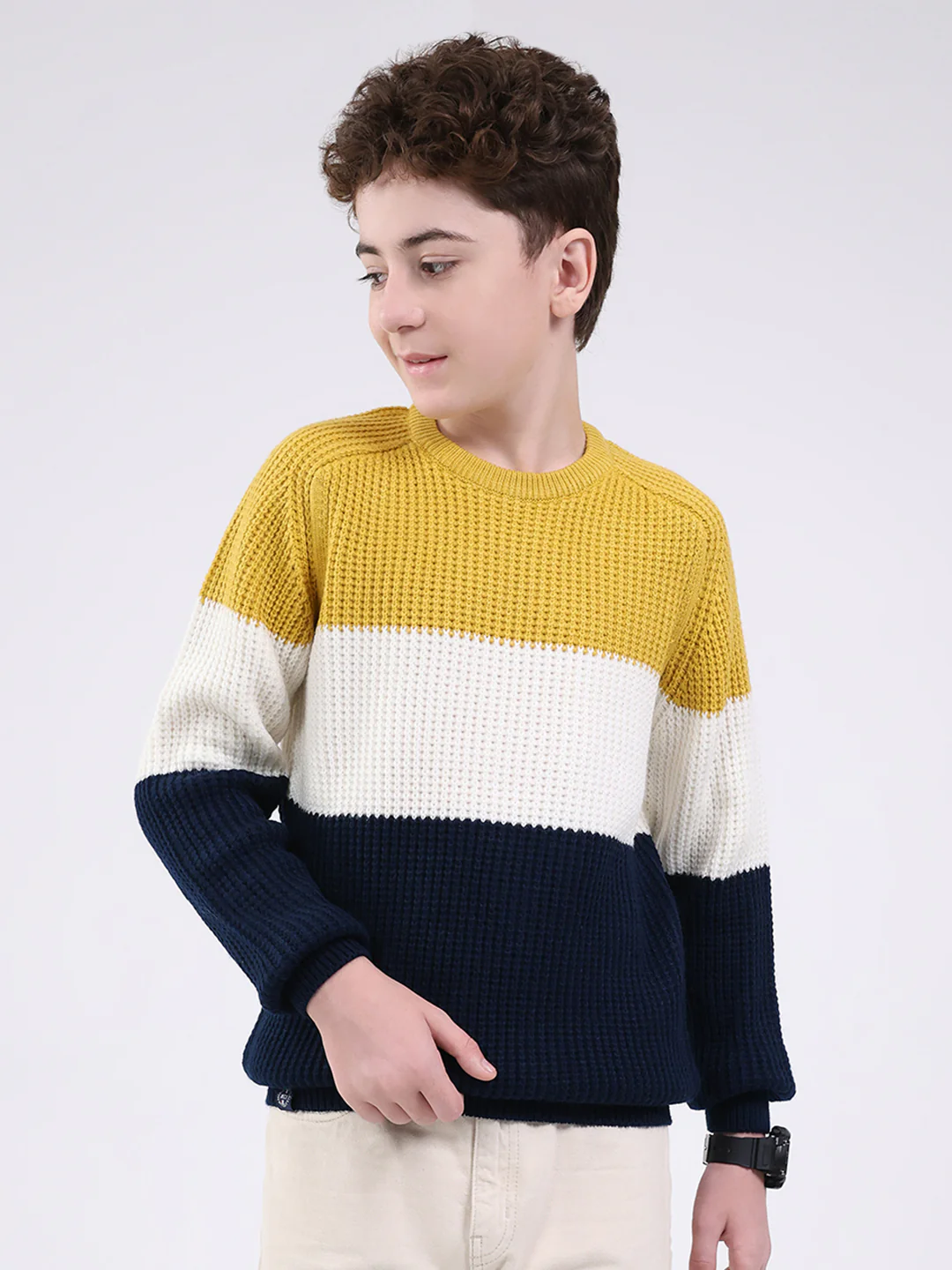 Boys Mustard Self Design Round Neck Full Sleeve Pullover