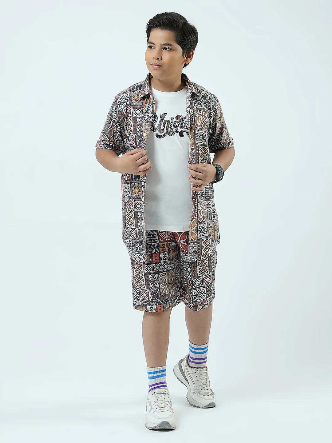 Boys Navy Blue Printed Collar Half Sleeve 3 Pcs Cords Set