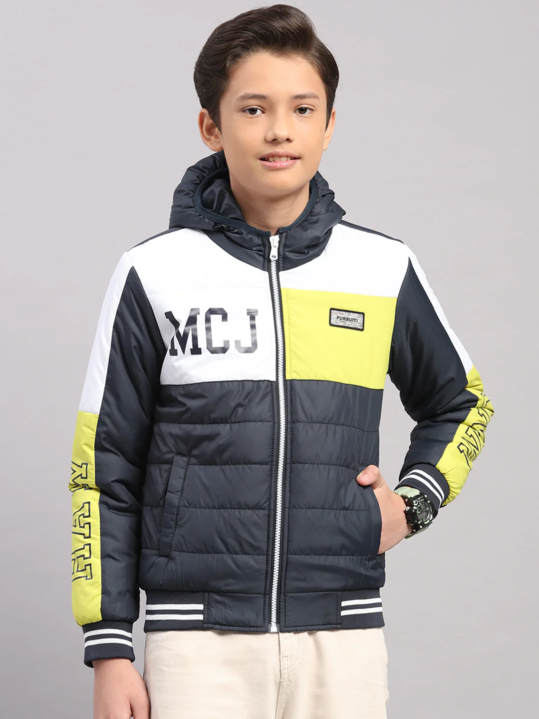 Boys Navy Blue Printed Hooded Full Sleeve Jacket