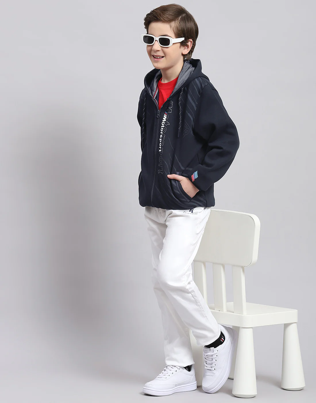 Boys Navy Blue Printed Hooded Full Sleeve Sweatshirt