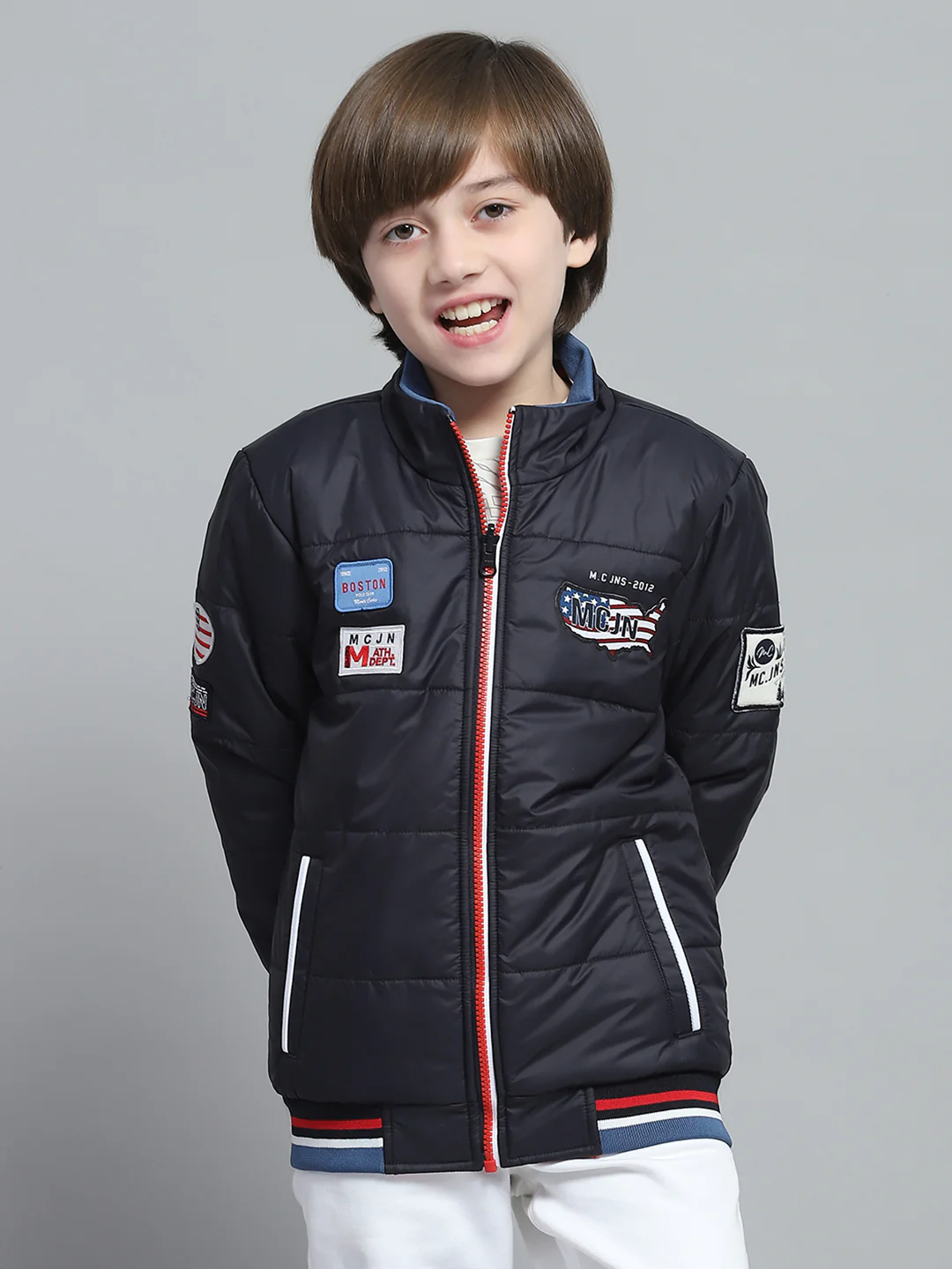 Boys Navy Blue Printed Mock Neck Full Sleeve Reversible Jacket