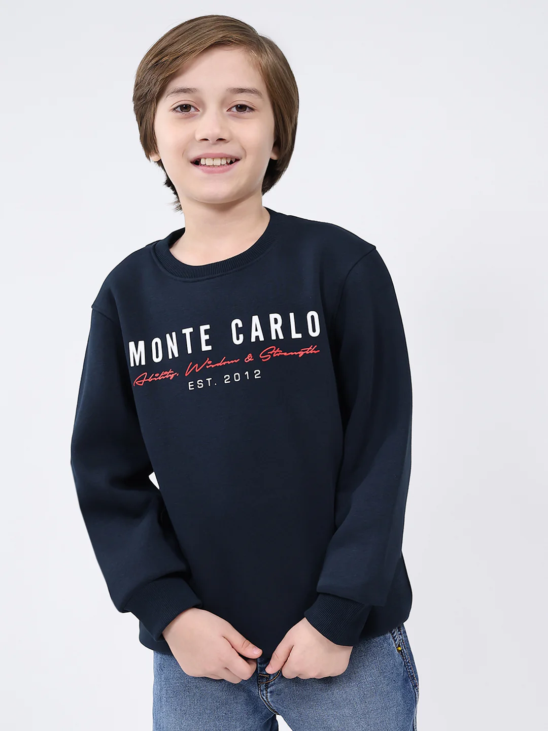 Boys Navy Blue Printed Round Neck Full Sleeve Sweatshirt