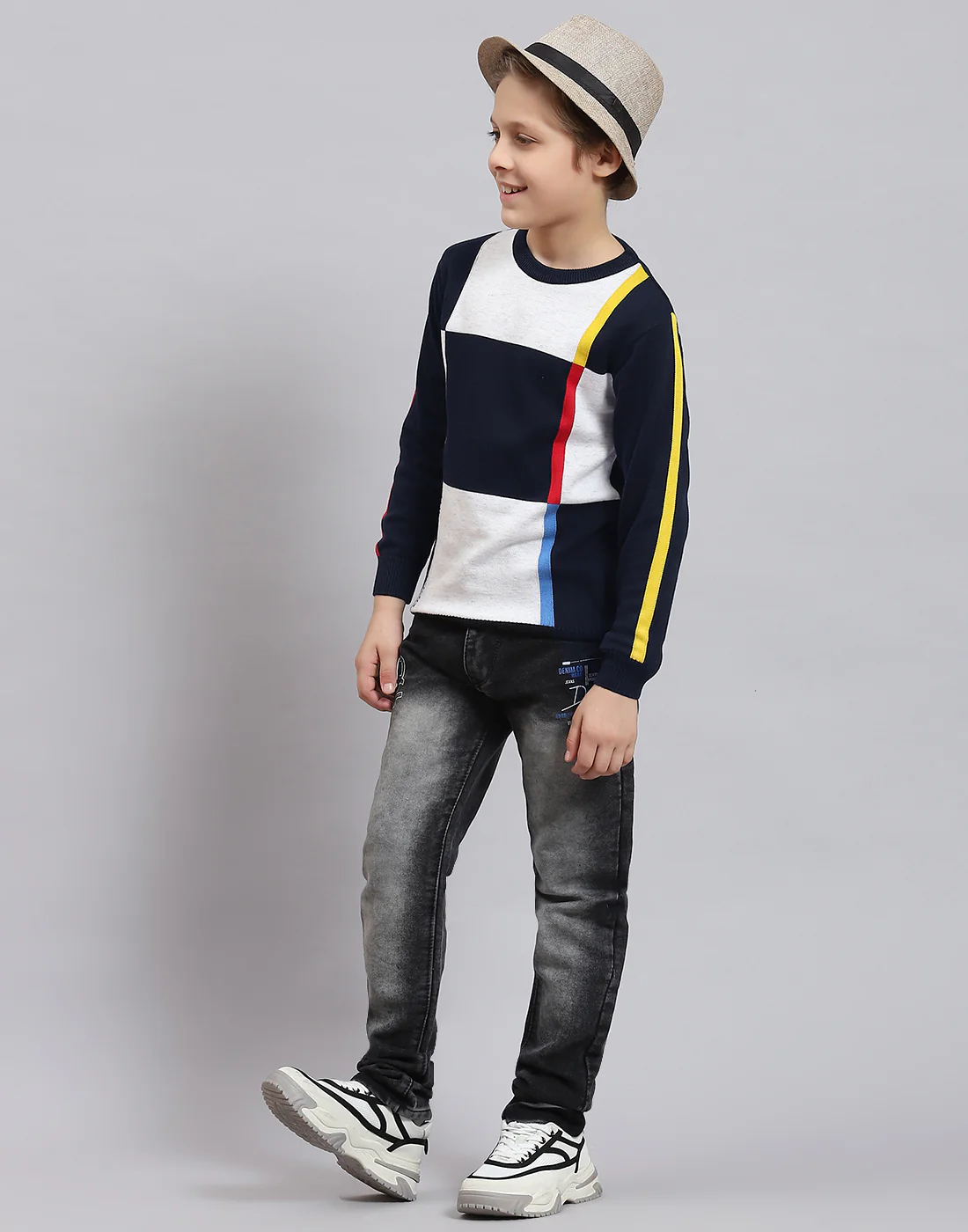 Boys Navy Blue Self Design Round Neck Full Sleeve Sweater