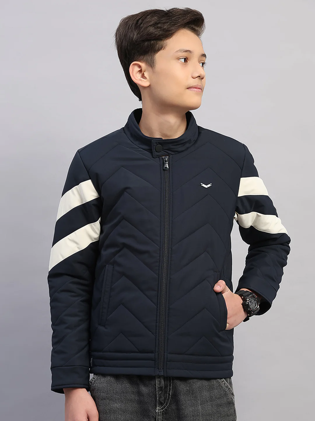 Boys Navy Blue Solid Collar Full Sleeve Jacket