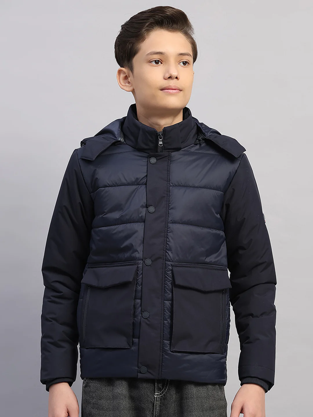 Boys Navy Blue Solid Hooded Full Sleeve Jacket
