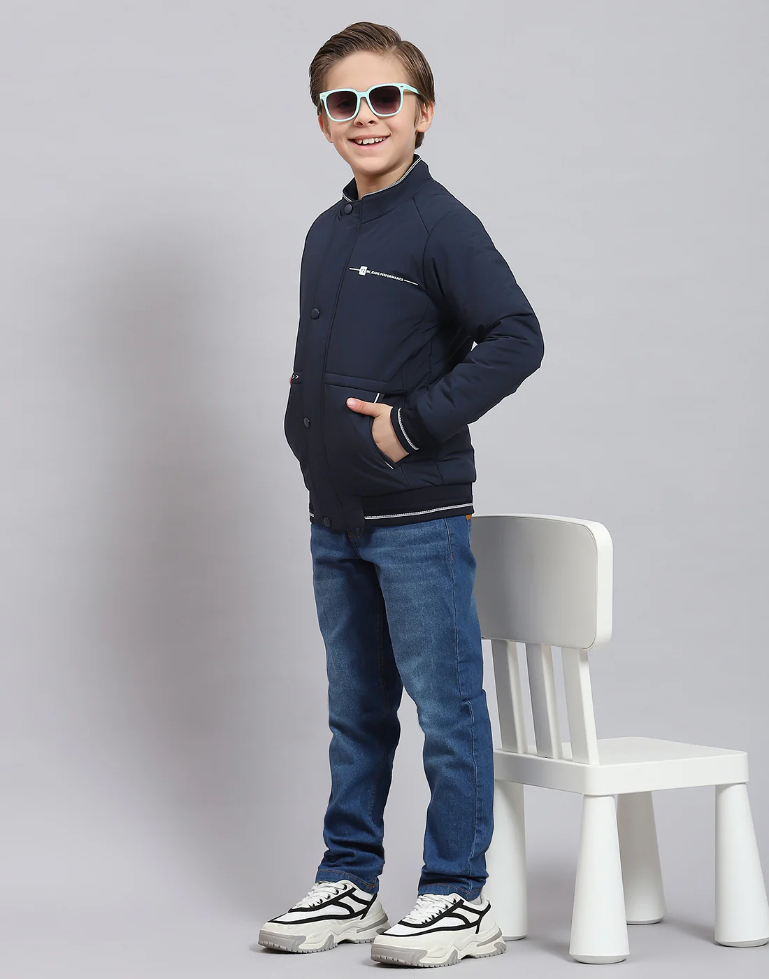 Boys Navy Blue Solid Stand Collar Full Sleeve Boys Jacket
