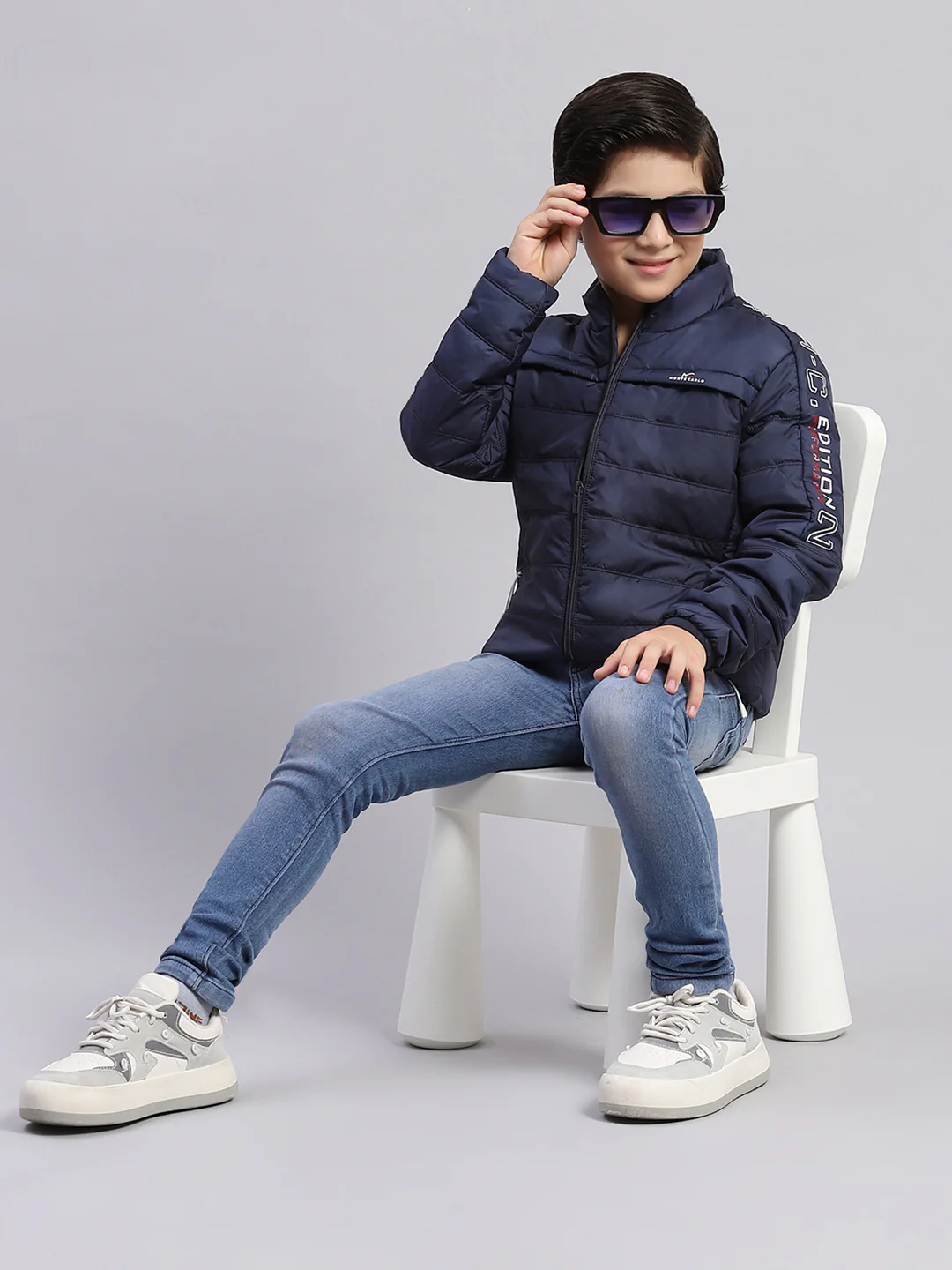 Boys Navy Blue Solid Stand Collar Full Sleeve Boys Jacket