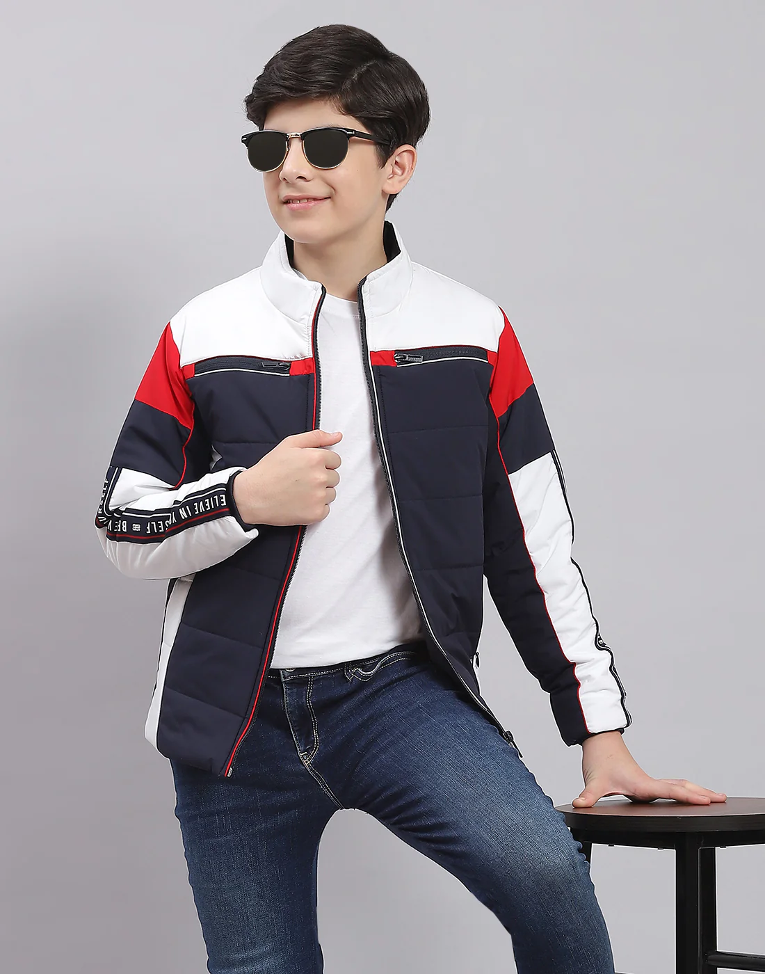 Boys Navy Blue Solid Stand Collar Full Sleeve Boys Jacket