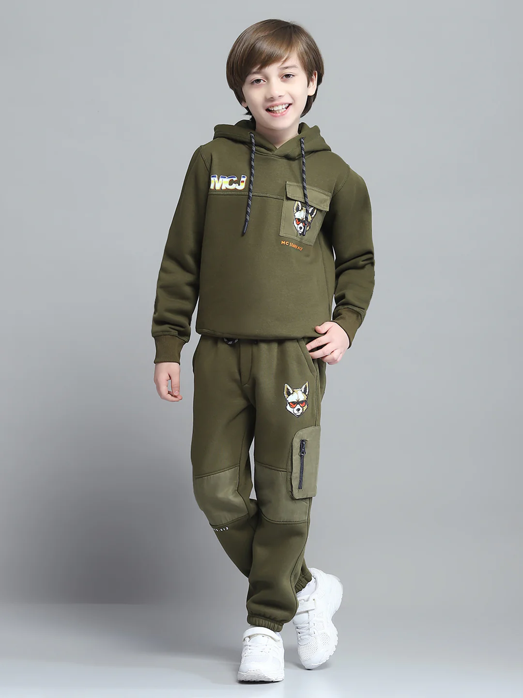 Boys Olive Printed Hooded Full Sleeve Tracksuit