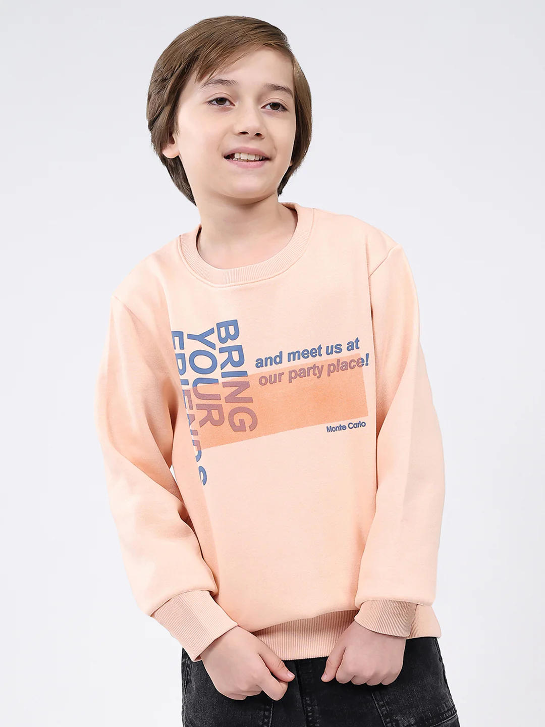 Boys Peach Printed Round Neck Full Sleeve Sweatshirt