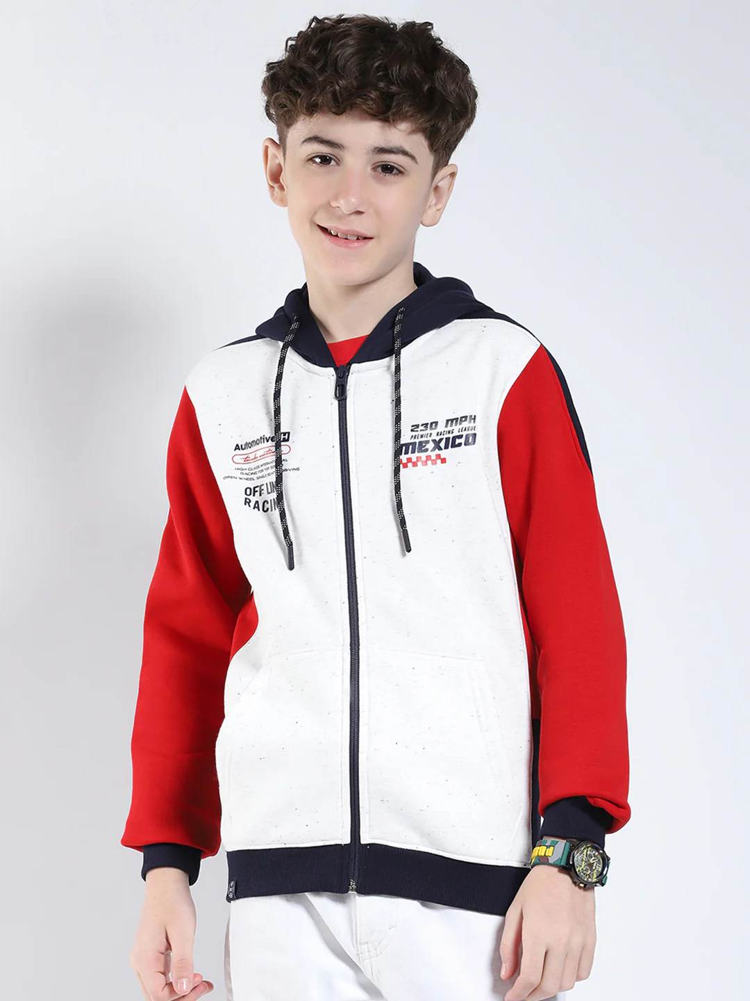Boys Red Printed Hooded Full Sleeve Sweatshirt